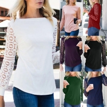 Sexy Hollow Out Lace Spliced Long Sleeve Round Neck T-shirt
