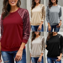 Fashion Sequin Spliced Long Sleeve Round Neck T-shirt