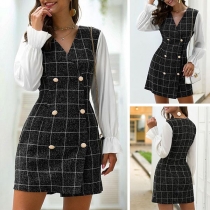 OL Style Long Sleeve V-neck Double-breasted Plaid Spliced Dress