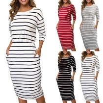 Fashion 3/4 Sleeve Round Neck High Waist Striped Dress