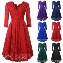 Elegant Solid Color 3/4 Sleeve V-neck High Waist Lace Dress