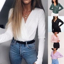 Sexy V-neck Long Sleeve Solid Color Bodysuit