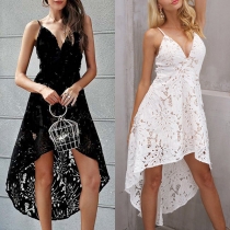 Sexy Backless V-neck High-low Hem Hollow Out Lace Sling Dress