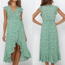 Bohemian Style V-neck High Waist Irregular Hem Printed Dress