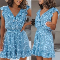 Sexy Deep V-neck Sleeveless Dots Printed Ruffle Dress