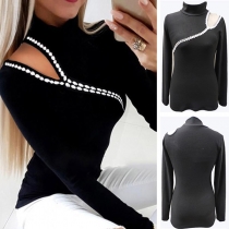 Sexy Hollow Out Long Sleeve Mock Neck Slim Fit T-shirt