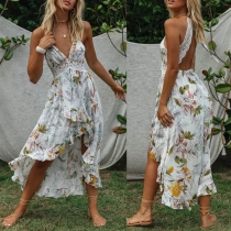 Sexy Backless Deep V-neck Irregular Hem Lace Spliced Printed Dress