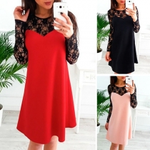 Sexy Hollow Out Lace Spliced Long Sleeve Round Neck Dress
