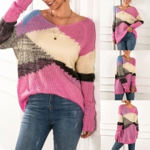 Fashion Contrast Color Long Sleeve Round Neck Loose Knit Top
