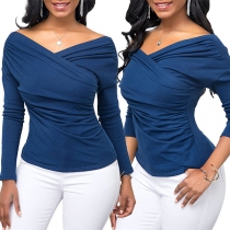 Sexy V-neck Long Sleeve Solid Color T-shirt