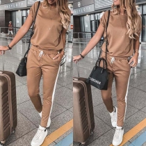 Fashion Contrast Color Short Sleeve Round Neck Sports Suit