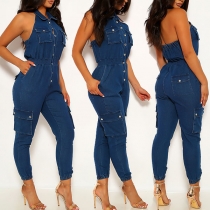 Sexy Backless High Waist Side-pocket Halter Denim Jumpsuit
