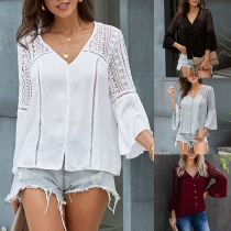 Sexy V-neck Lace Spliced Trumpet Sleeve Top