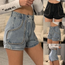 Fashion High Waist Rivets Denim Shorts