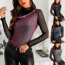 Sexy Gauze Spliced Long Sleeve Mock Neck Slim Fit T-shirt