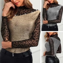 Sexy Lace Spliced Long Sleeve Mock Neck SLim Fit T-shirt