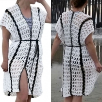 Sexy Short Sleeve V-neck Hollow Out Bikini Smock