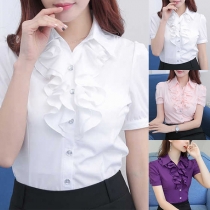 Sweet Style Short Sleeve Stand Collar Ruffle Shirt