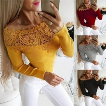 Sexy Lace Spliced Boat Neck Long Sleeve Slim Fit T-shirt