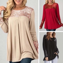 Fashion Sequin Spliced Long Sleeve Round Neck Loose T-shirt