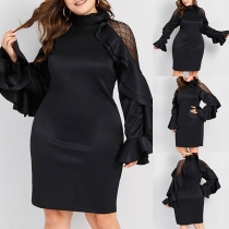 Sexy Hollow Out Gauze Spliced Trumpet Sleeve Slim Fit Dress