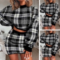 Sexy Long Sleeve Round Neck Plaid Crop Top + Skirt Two-piece Set