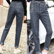 Fashion High Waist Relaxed-fit Striped Pants with Waist Strap