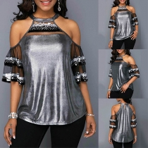 Sexy Off-shoulder Gauze Sequin Spliced Top