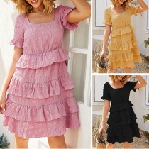 Fashion Solid Color Short Sleeve Square Collar Cake Dress