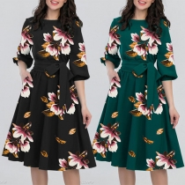 Fashion Half Sleeve Round Neck High Waist Printed Dress