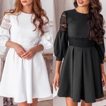 Fashion Lace Spliced 3/4 Puff Sleeve Round Neck Dress