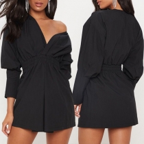 Sexy V-neck Puff Sleeve High Waist Solid Color Dress