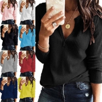 Fashion Solid Color Long Sleeve V-neck  T-shirt