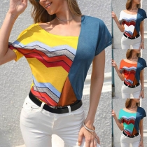 Fashion Contrast Color Short Sleeve Oblique V-neck T-shirt