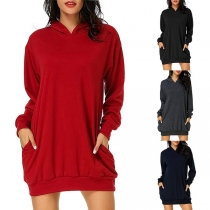 Fashion Solid Color Long Sleeve Hooded Sweatshirt Dress