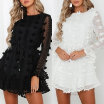 Sweet Style Long Sleeve Round Neck Ruffle Hem Dress
