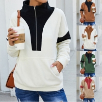 Fashion Contrast Color Long Sleeve Stand Collar Sweatshirt
