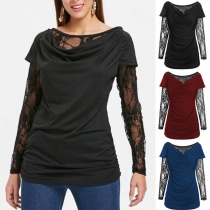 Sexy Lace Spliced Long Sleeve Cowl Neck T-shirt