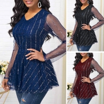 Sexy Gauze Spliced Long Sleeve V-neck Striped Top