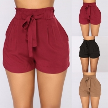 Fashion Solid Color High Waist Shorts with Waist Strap