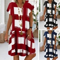 Chic Style Short Sleeve V-neck Loose Plaid Dress