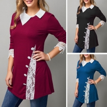 Fashion Lace Spliced Long Sleeve Oblique Collar Top