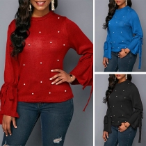 Fashion Solid Color Long Sleeve Round Neck Beaded Knit Top