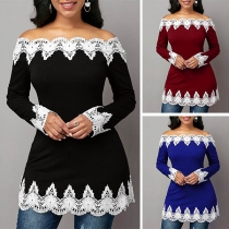 Sexy Lace Spliced Boat Neck Long Sleeve Slim Fit Top