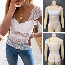 Sexy Square Collar Short Sleeve Slim Fit See-through Lace Top