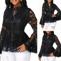 Sexy Lace Spliced Trumpet Sleeve Stand Collar Top