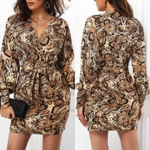 Sexy V-neck Lantern Sleeve Slim Fit Leopard Printed Dress