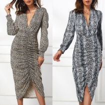 Sexy Deep V-neck Slit Hem Long Sleeve Leopard/Serpentine Printed Dress