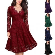Sexy V-neck Long Sleeve High Waist Lace Dress
