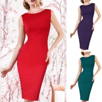 Sexy Hollow Out Lace Spliced Sleeveless Round Neck Slim Fit Pencil Dress